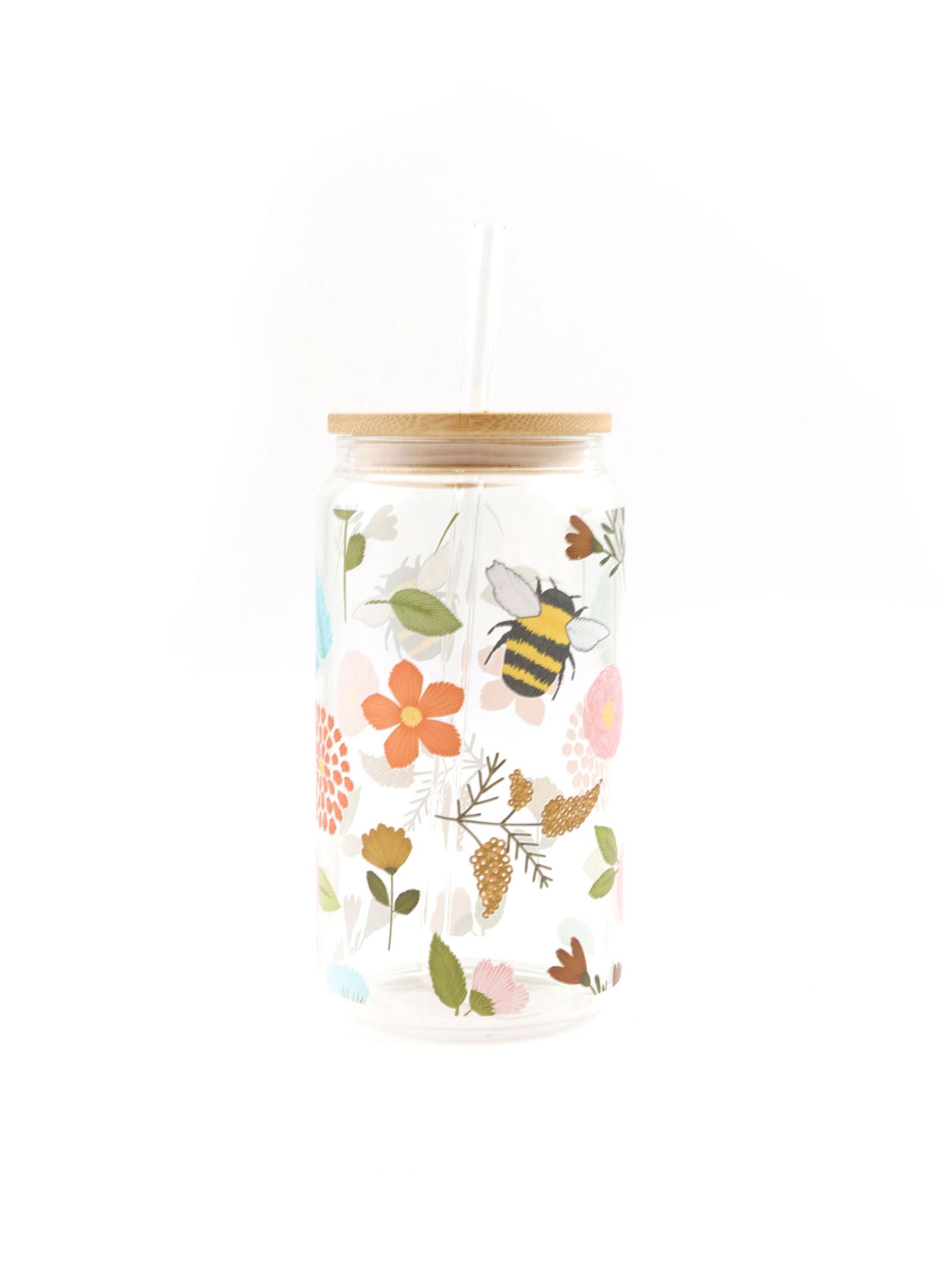 FLOWERS & BEES | 16 OZ GLASS TUMBLER WITH BAMBOO LID & STRAW