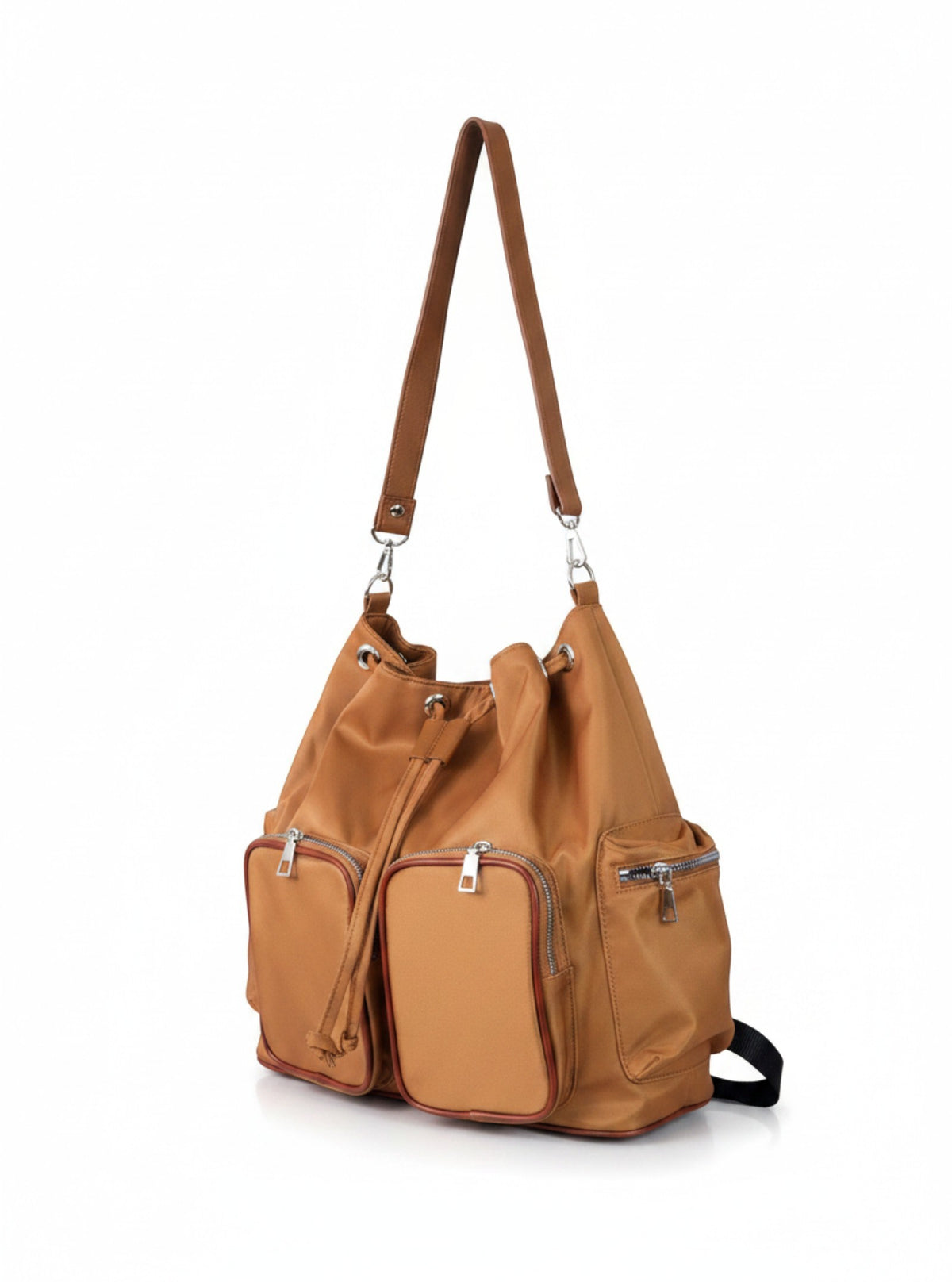 Side view of Brettnie caramel convertible backpack
