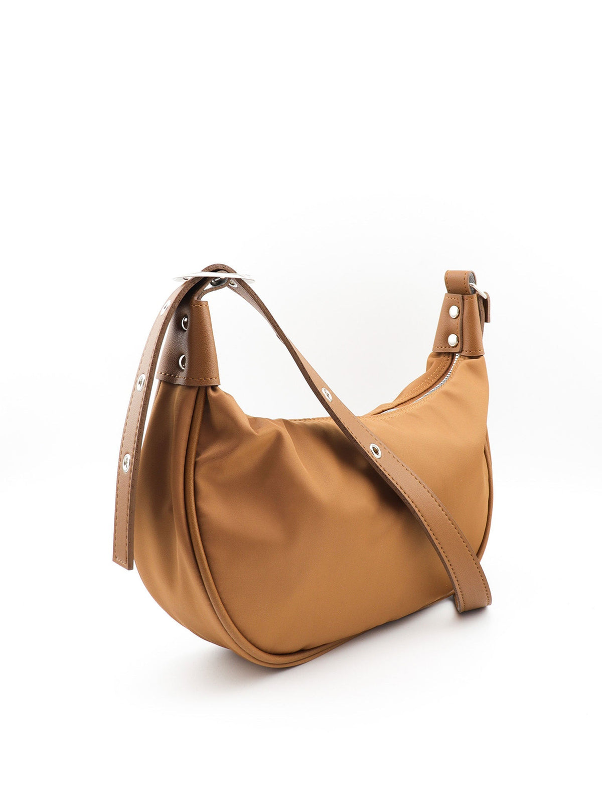 Side view of Bryd caramel shoulder bag