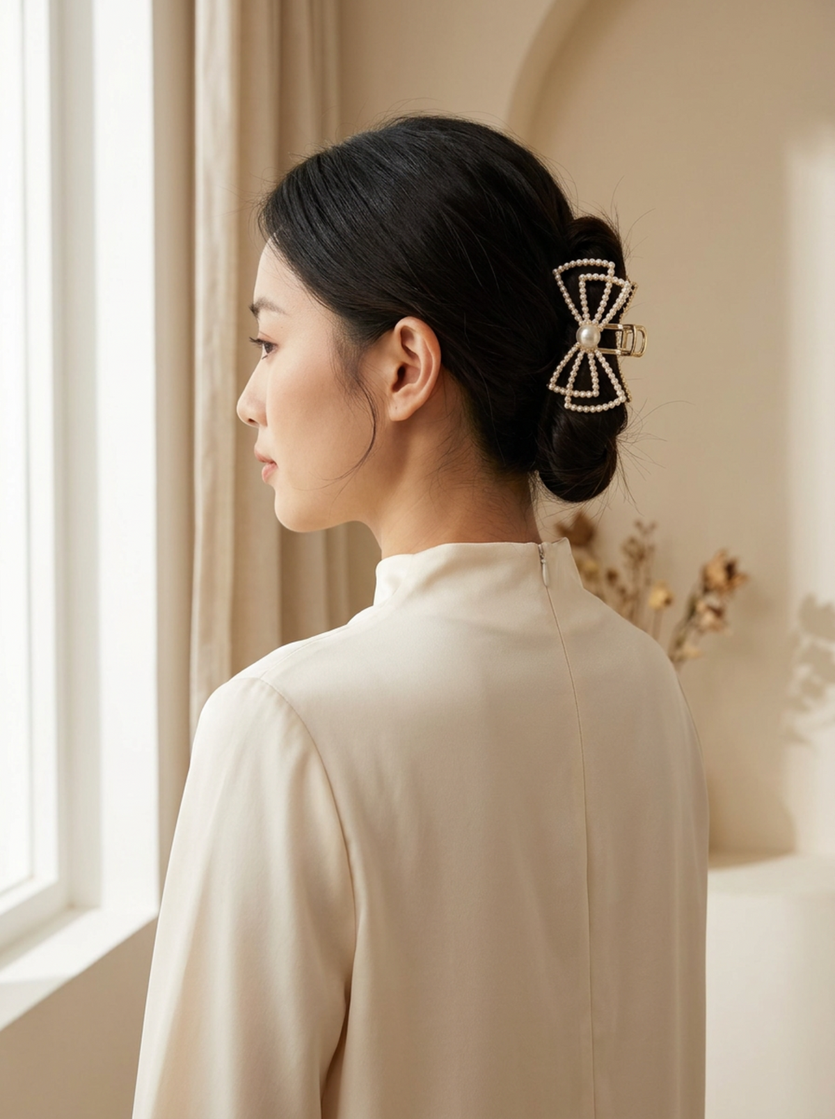 Model wearing Jaice pearl bow hair claw in an updo