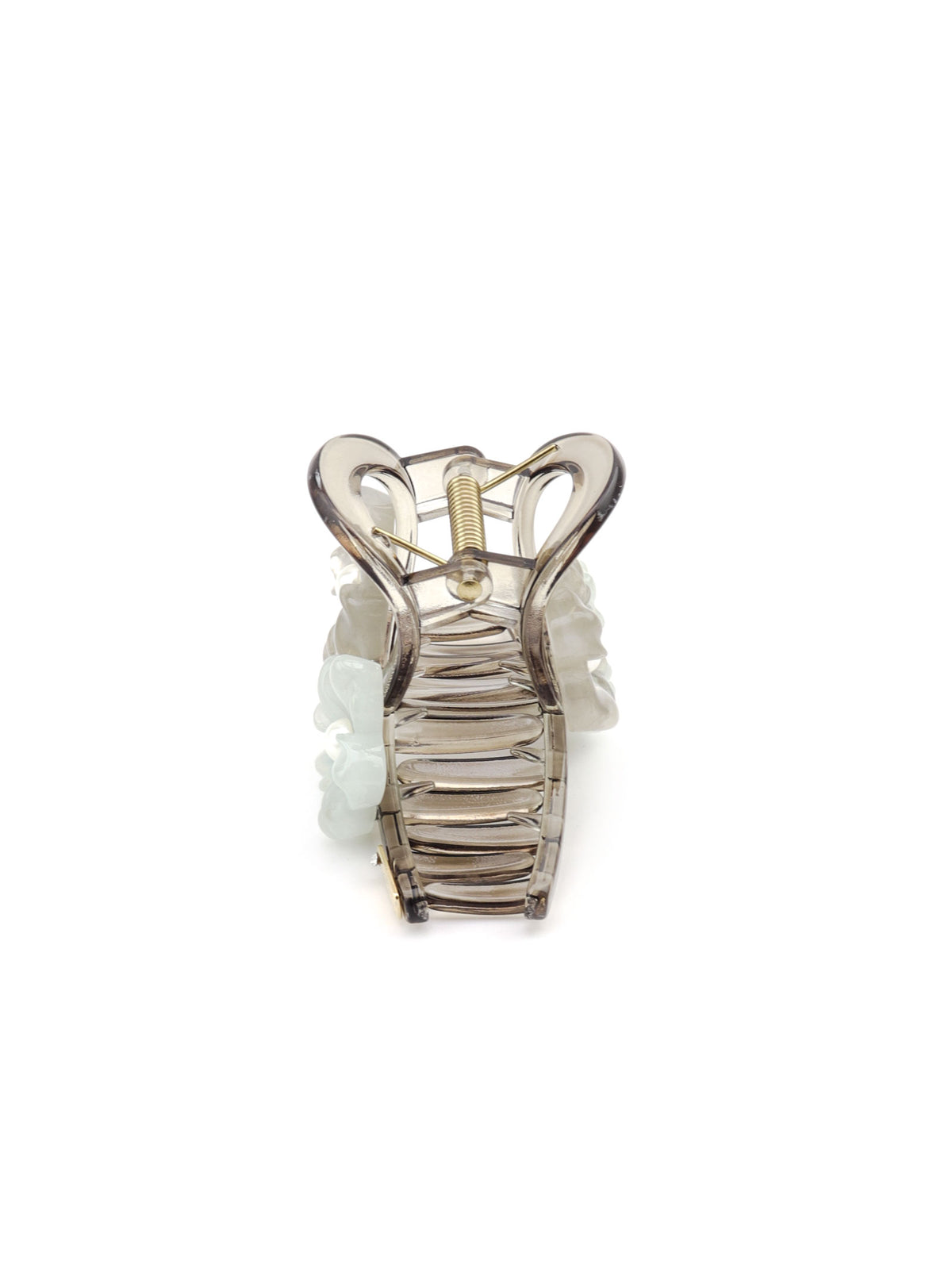 Side view of Jakei blue and gray floral hair claw