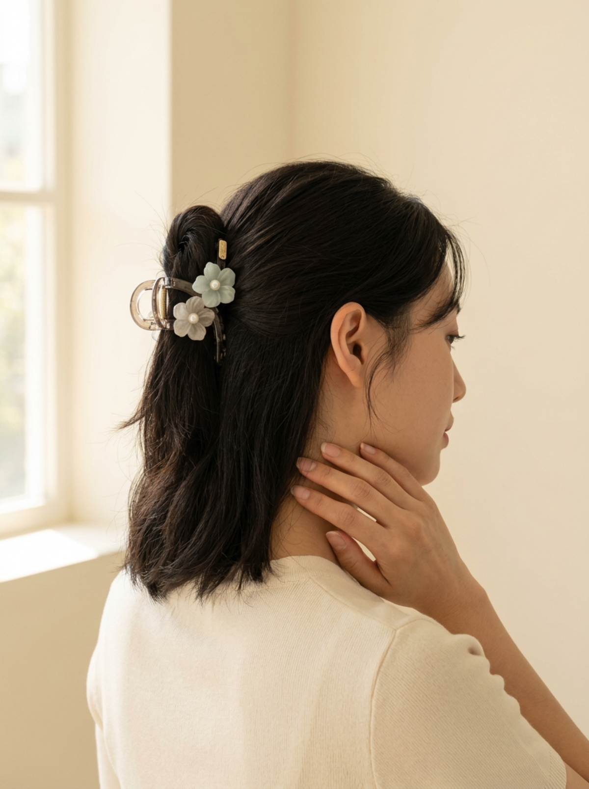 Model wearing Jakei mint and peach floral hair claw