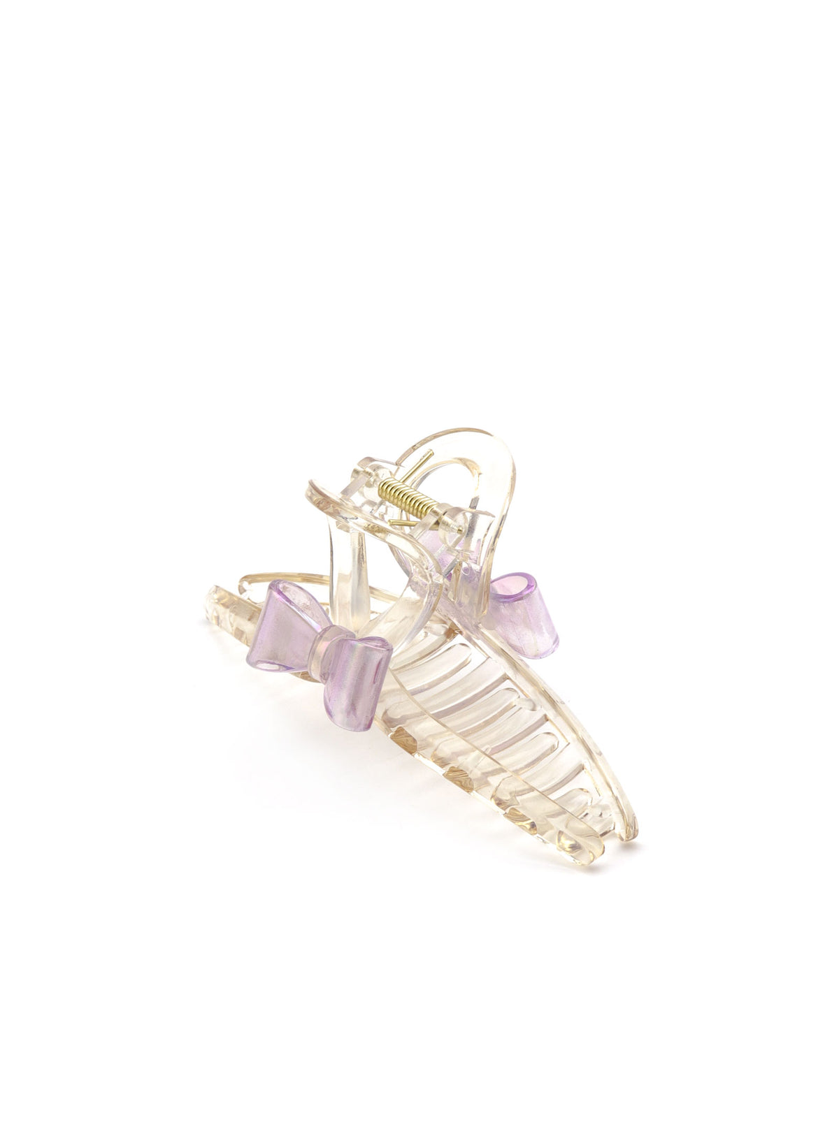 Detail view of Jansa purple hair claw with iridescent bow