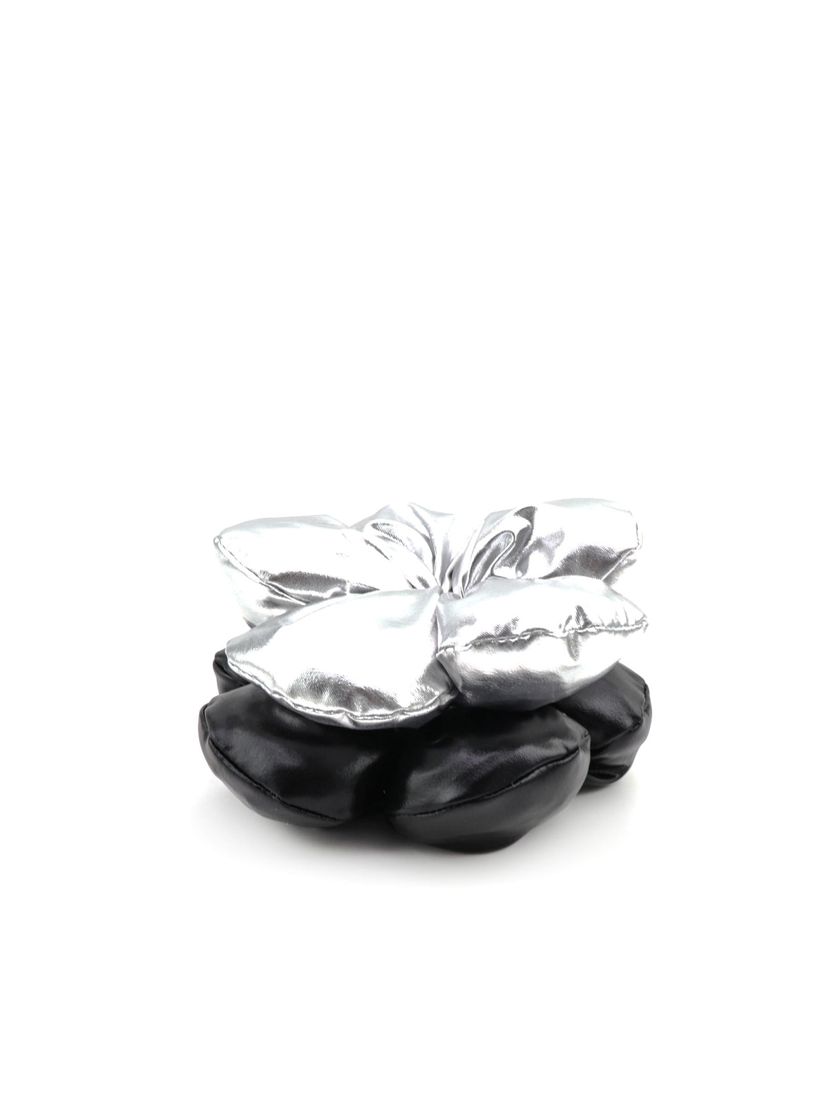Detail view of Jayva Silver metallic flower scrunchy