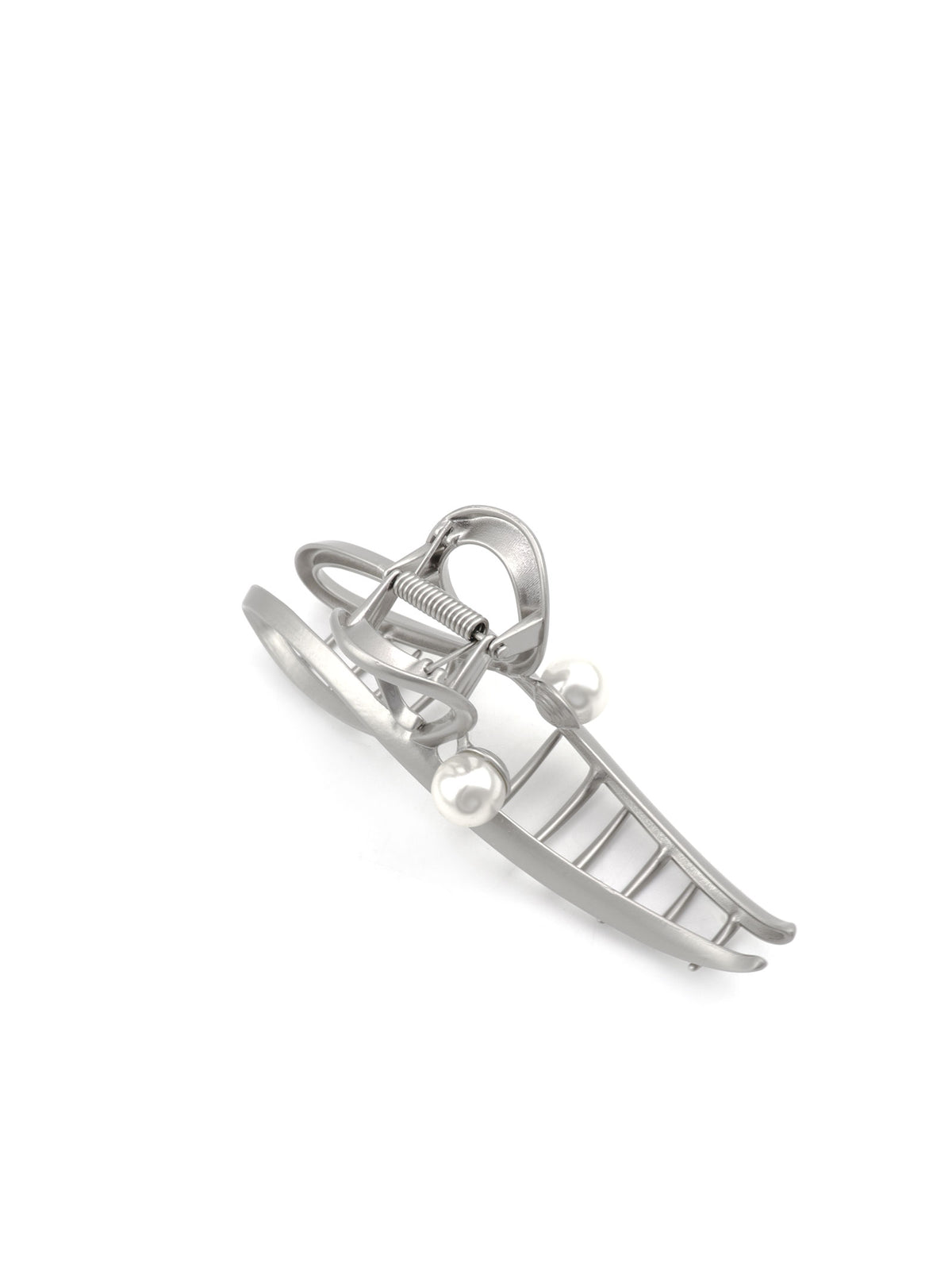 Top view of Jomena grey hair claw with pearl accent