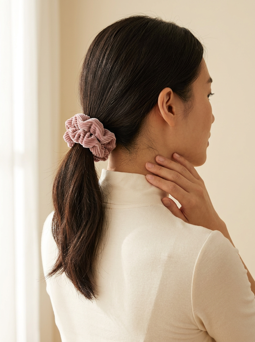 Model wearing Josette Rose scrunchy in a low ponytail