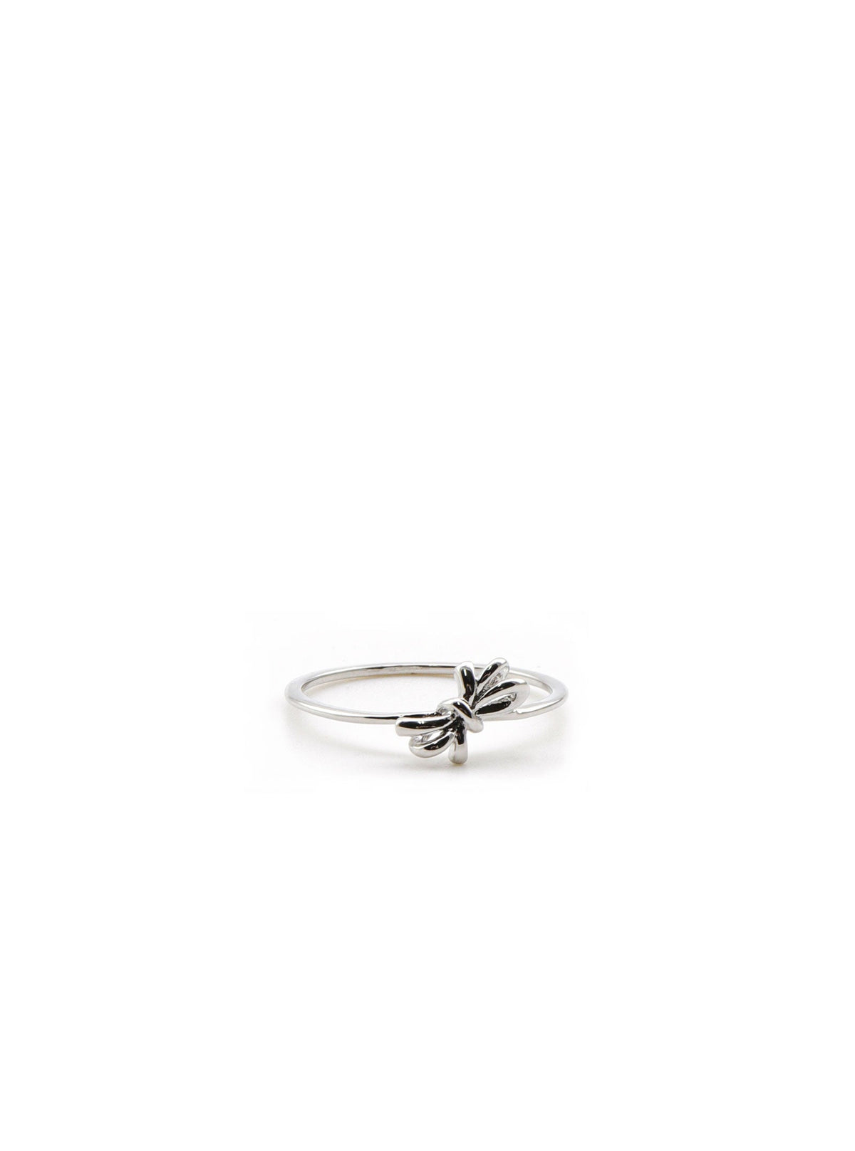 Silver Melandia bow ring on white background.
