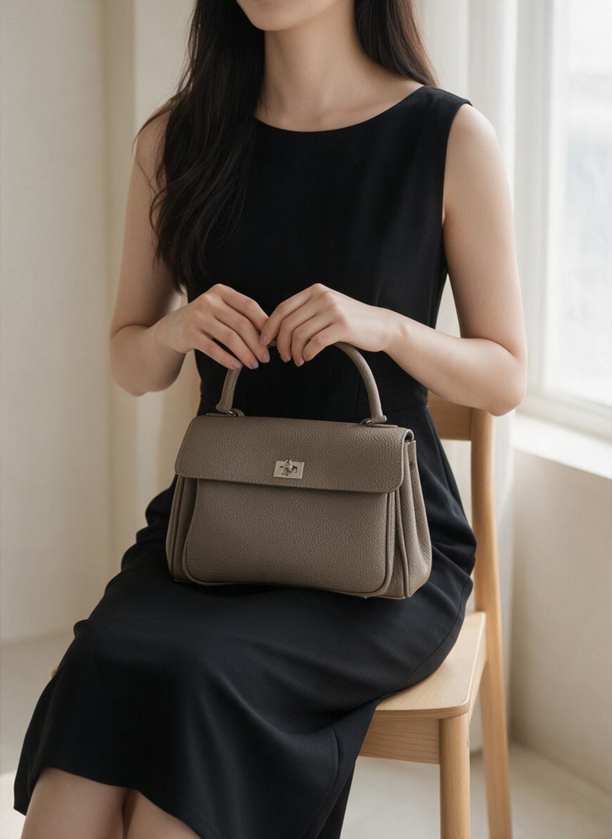 Model carrying Bethanie Cocoa top handle crossbody bag