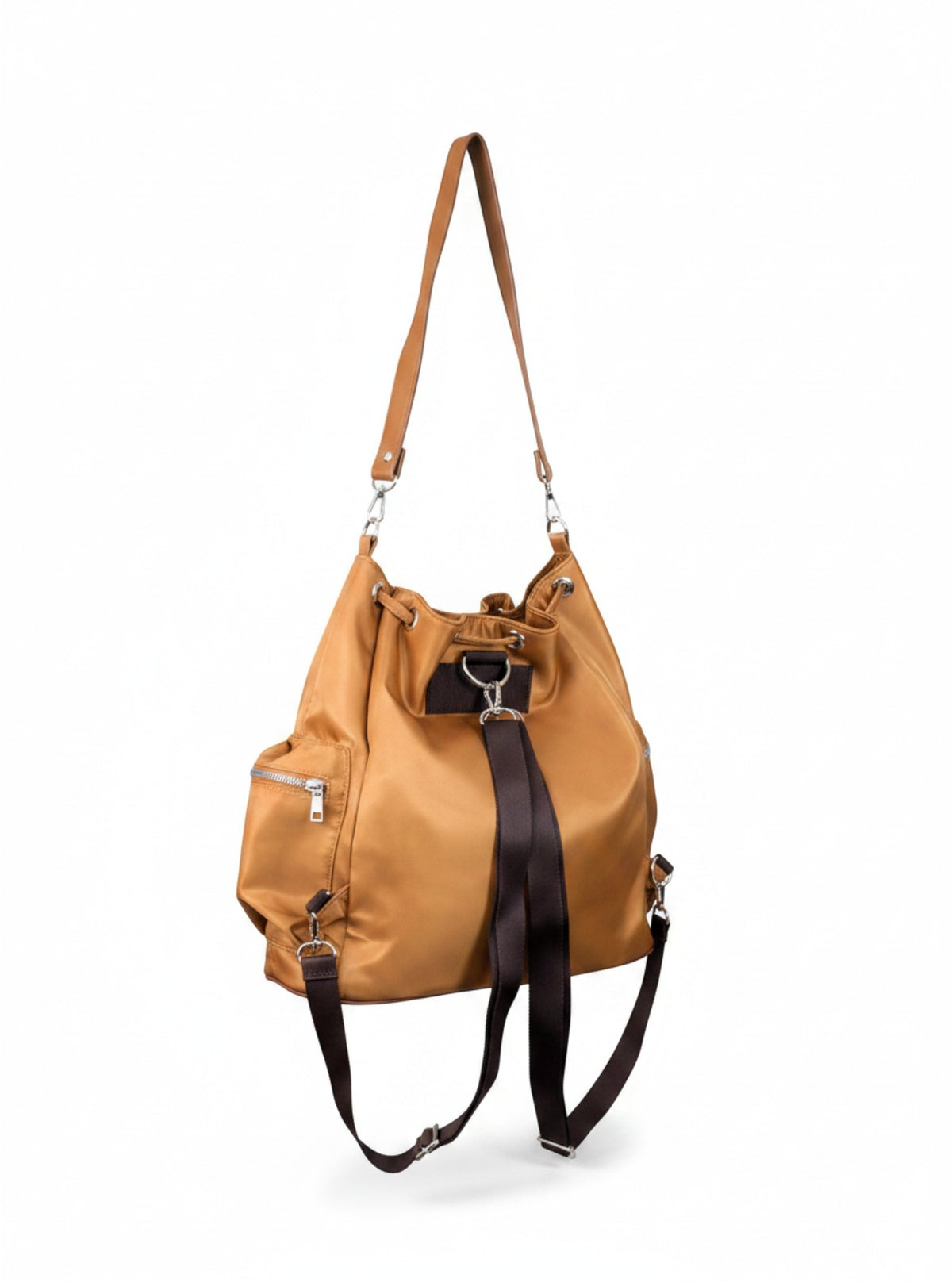 Back view of Brettnie caramel convertible backpack