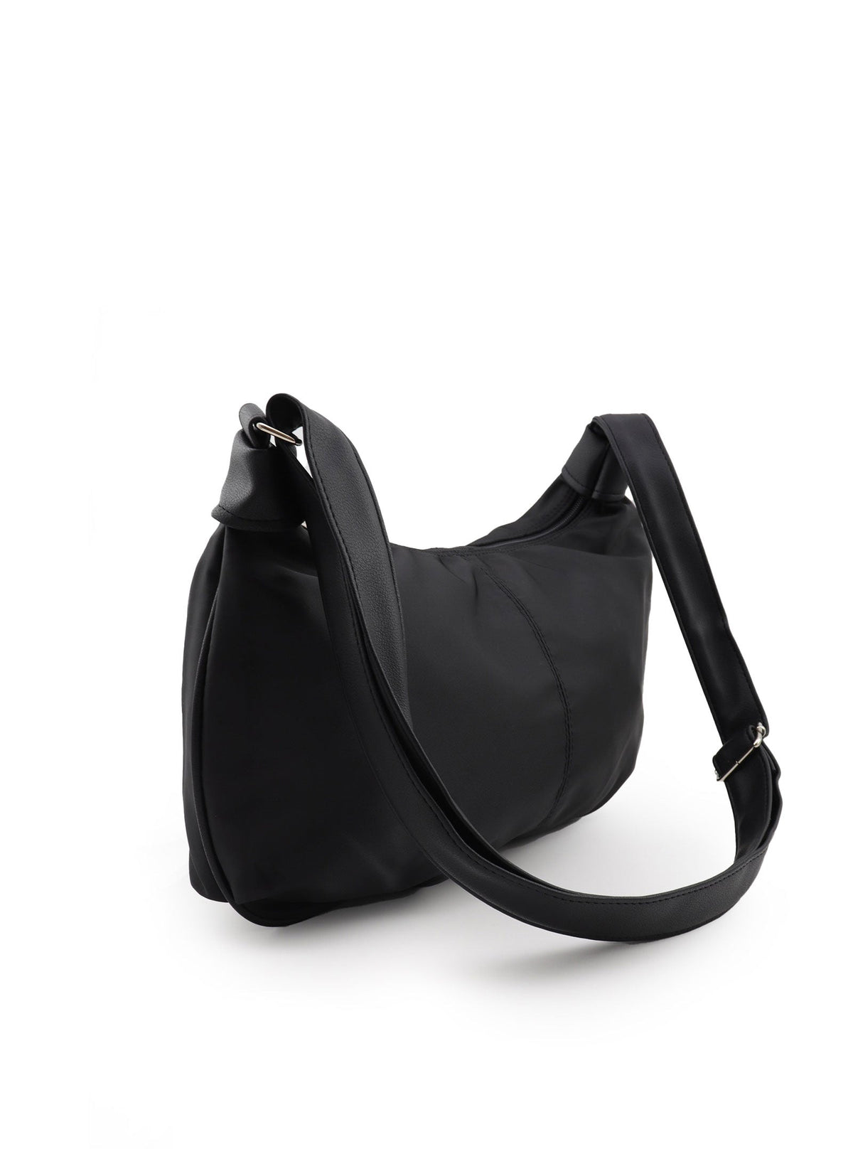 Three-quarter view of Brickley black crossbody bag with adjustable strap