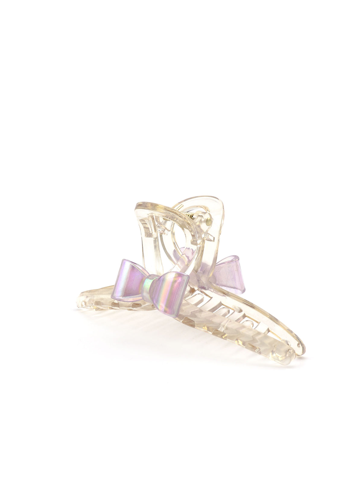 Side view of Jansa purple hair claw with iridescent bow