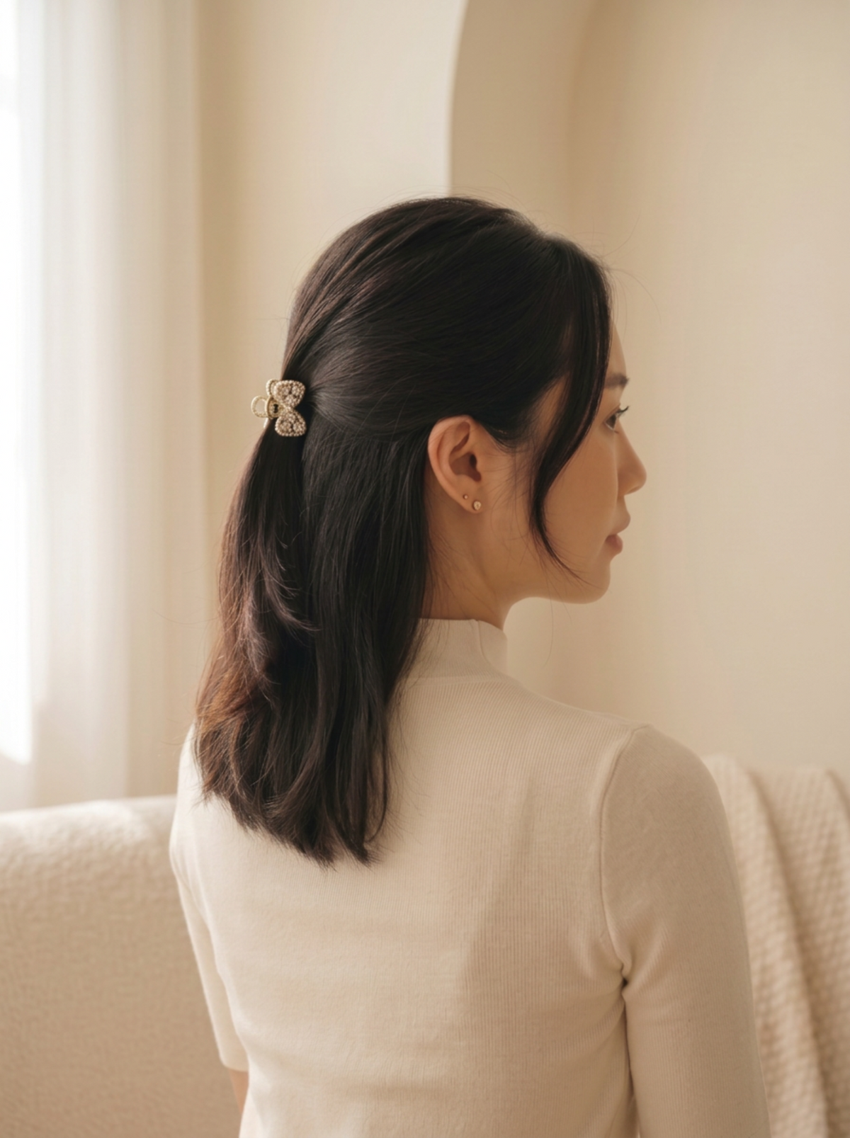 Model wearing Jumi ribbon mini hair claw in a half-up style