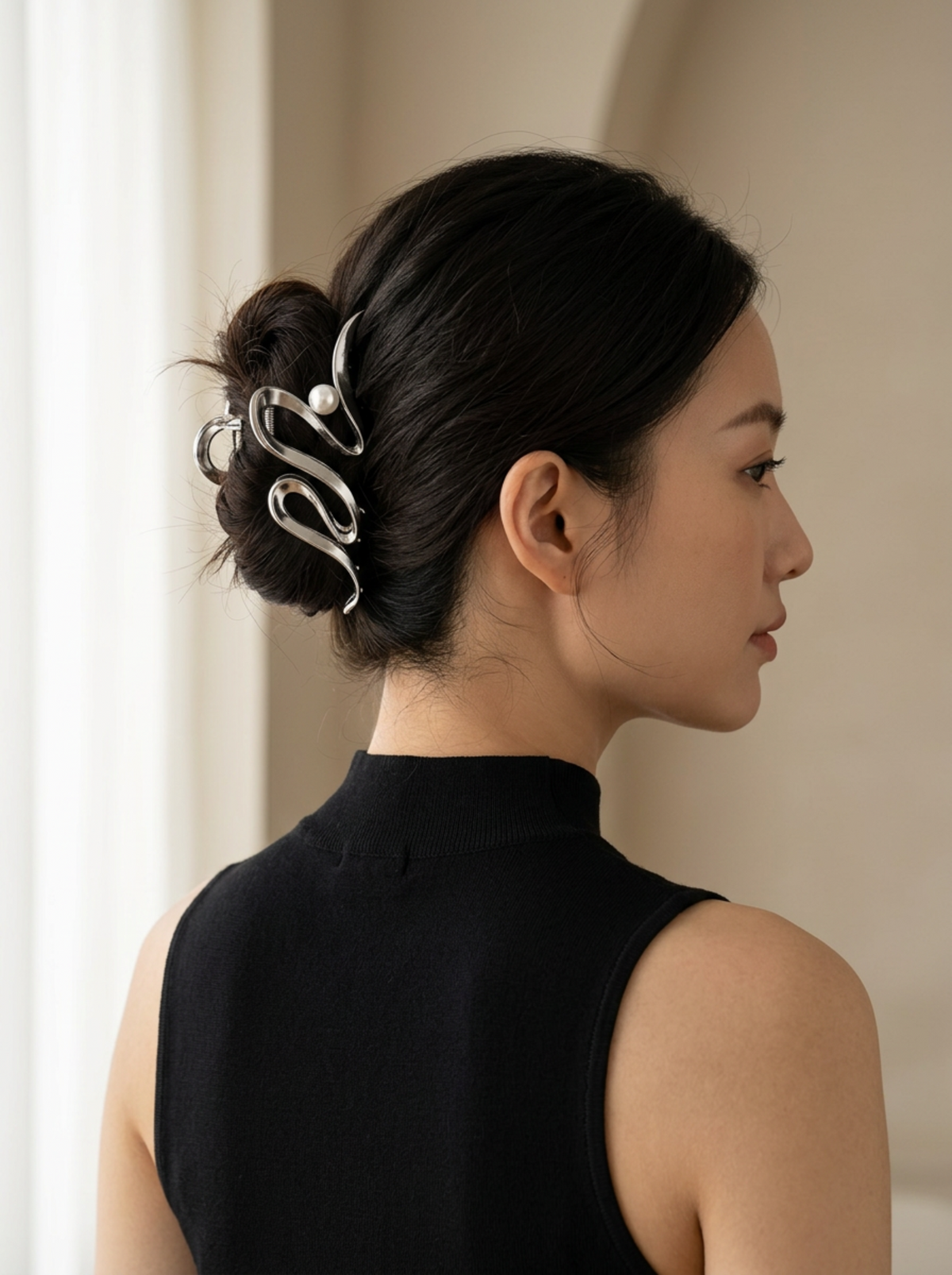Model wearing Juriko silver sculptural hair claw in an updo
