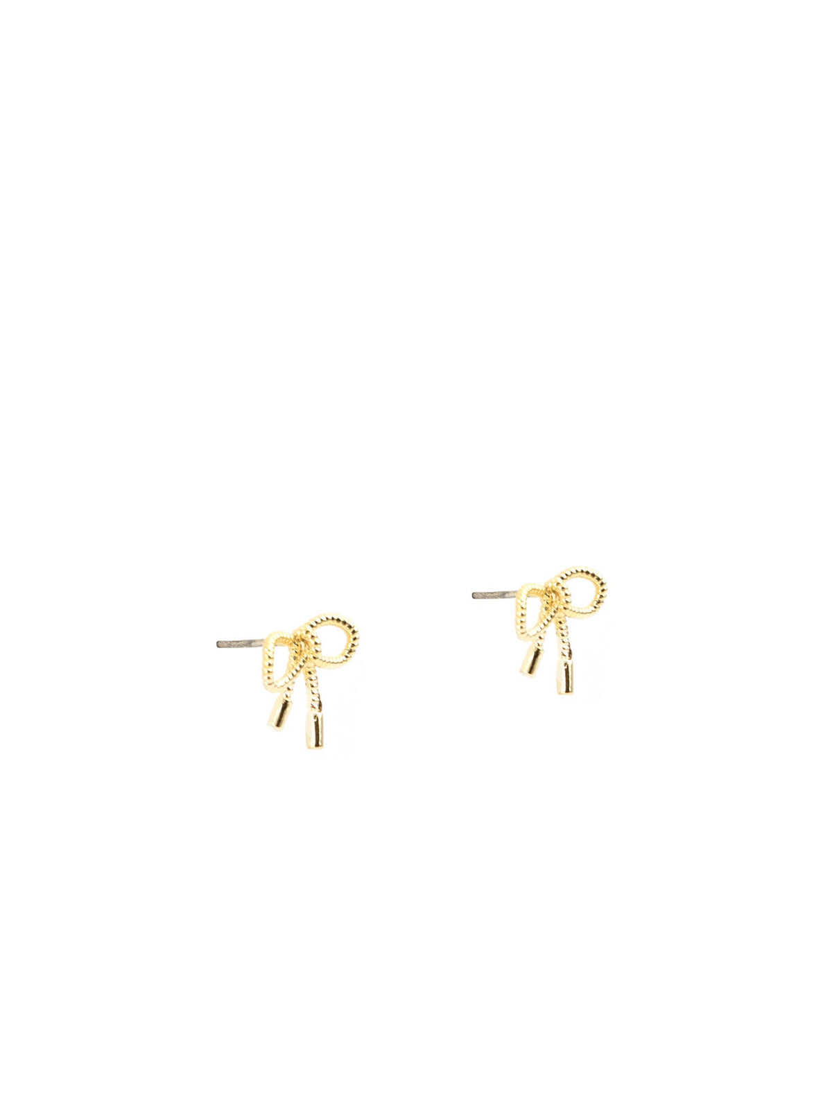 Angled view of Tavora gold bow stud earrings
