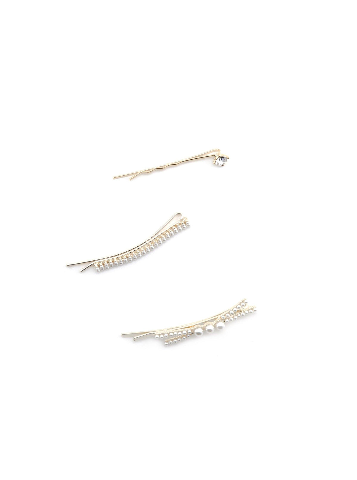 Detail view of Jaleah pearl and crystal bobby pin set
