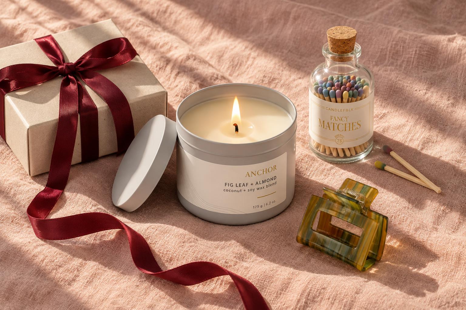 Anchor soy candle, Apothecary matches, and ES03 mini claw clip styled with a gift box