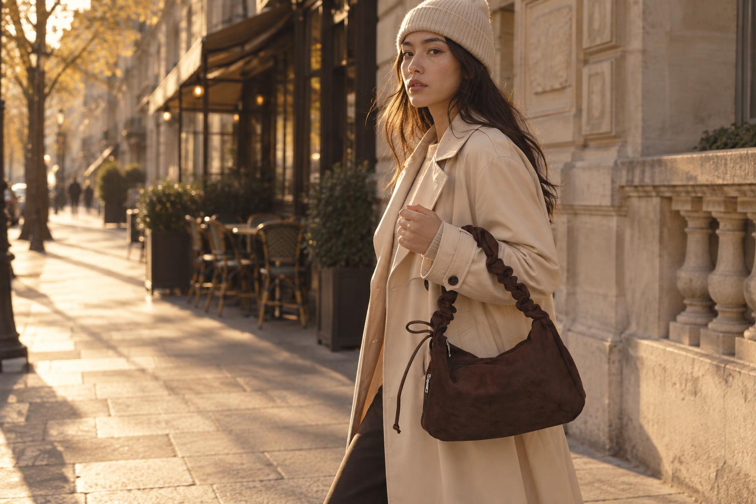 Woman in a knit beanie carrying the chocolate suede Balla shoulder bag on a city street