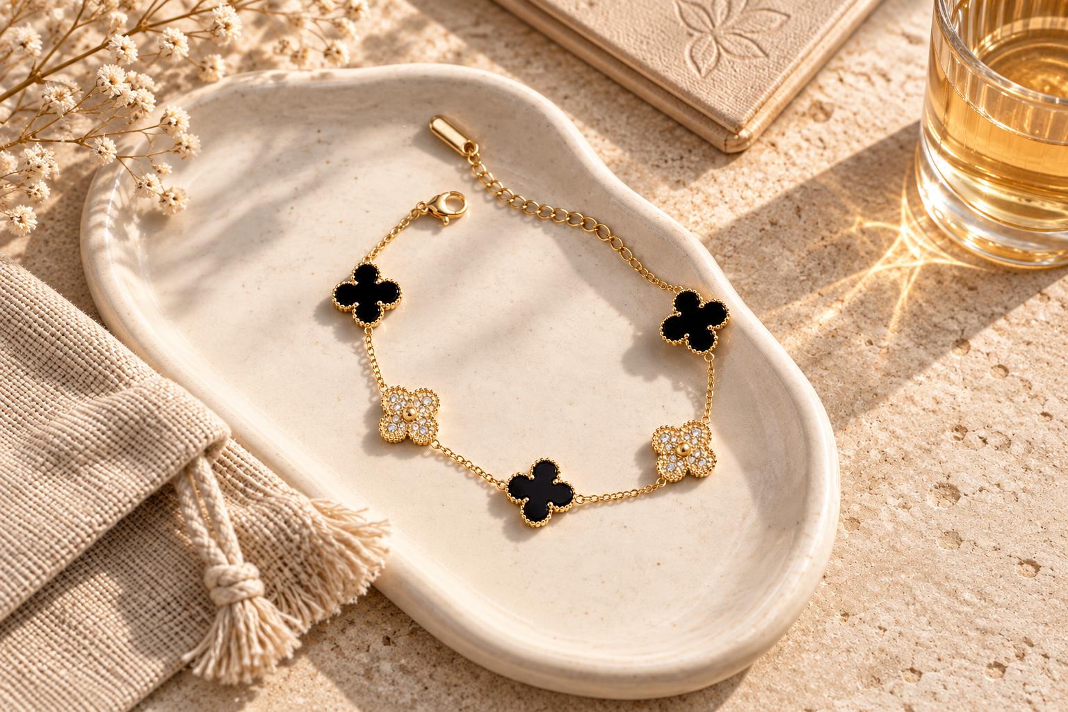 Gold-tone Aanya clover charm bracelet arranged on a ceramic tray